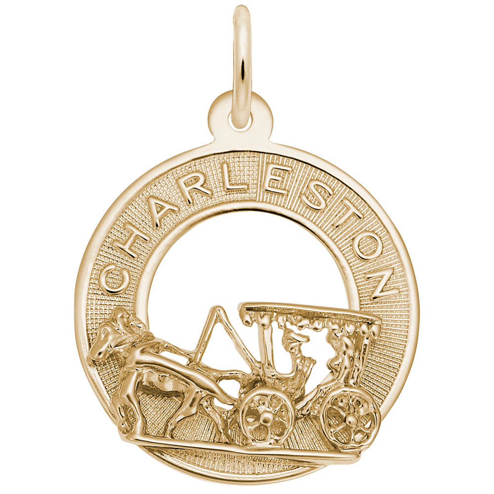 Gold Charleston charm with horse and carriage design on a white background