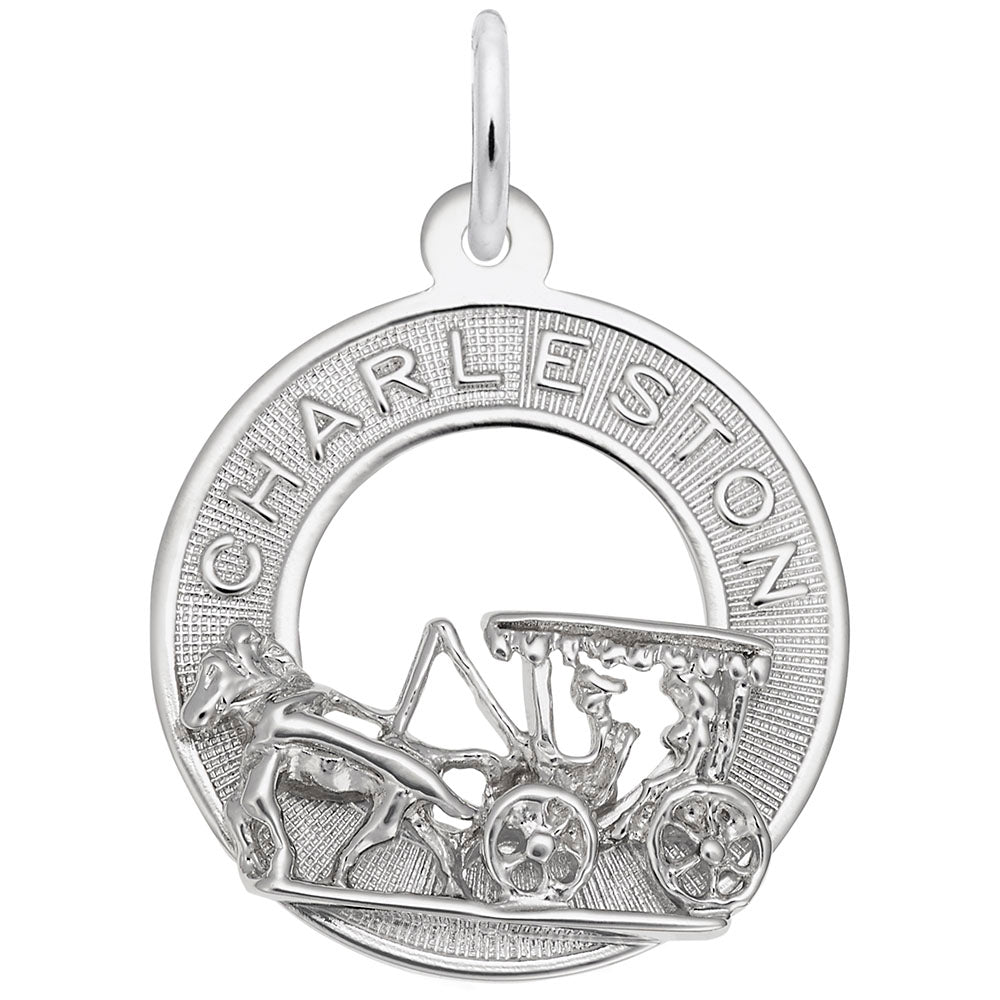 Silver Charleston charm with horse and carriage design on a white background