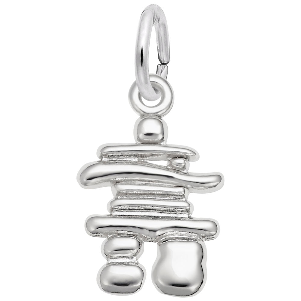 Silver inukshuk charm on a white background