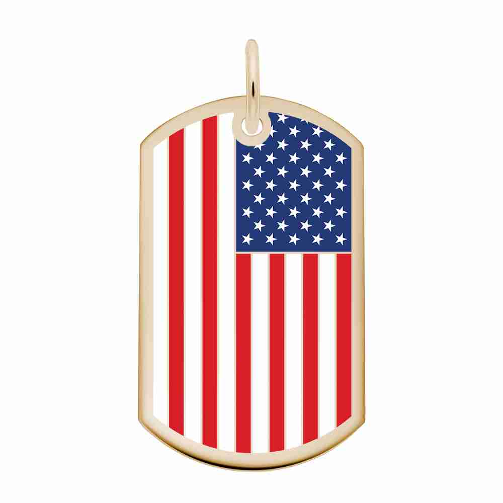 Gold dog tag charm with an American Flag Design shown on a white back ground