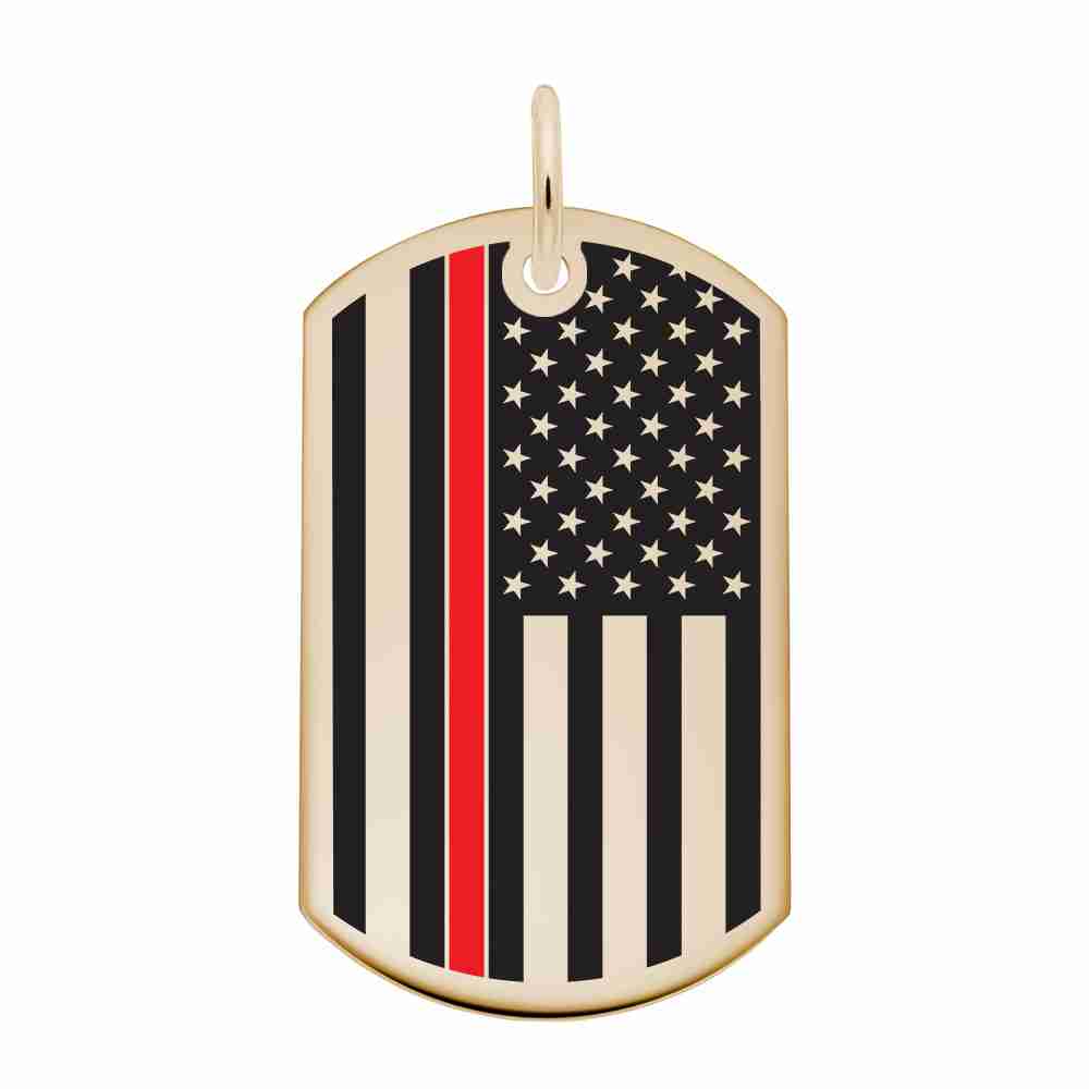 Gold Dog tag charm with American flag design featuring a thin red line on a white background