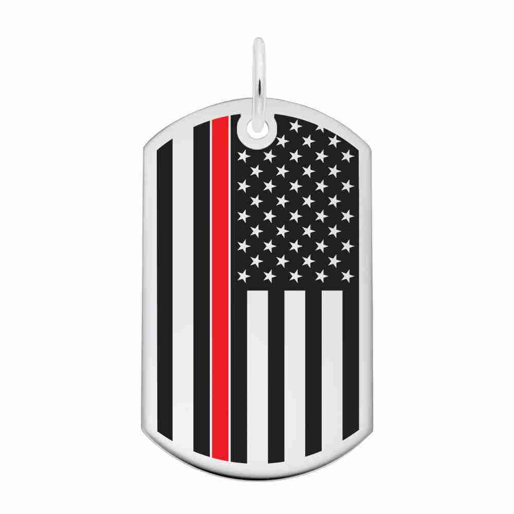 Silver Dog tag charm with American flag design featuring a thin red line on a white background