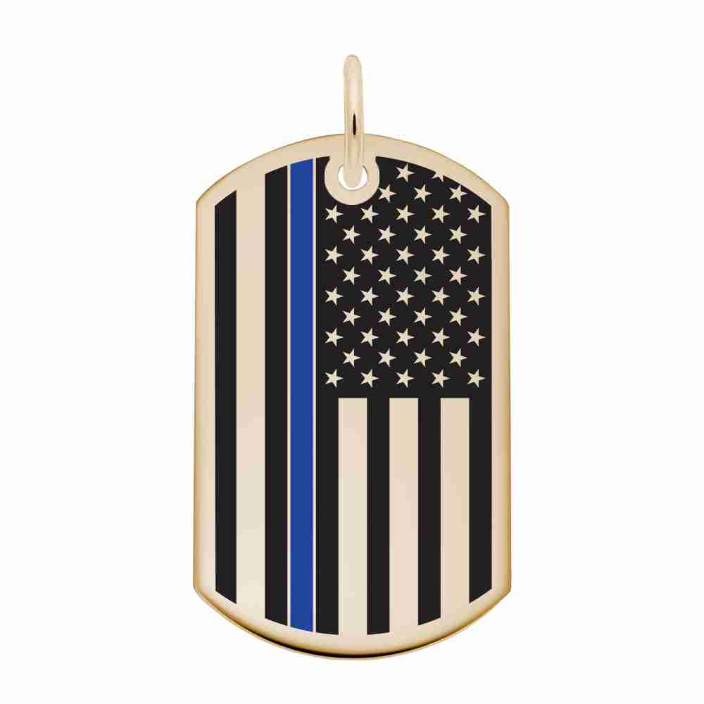 Gold Dog tag charm with American flag design featuring a thin blue line on a white background