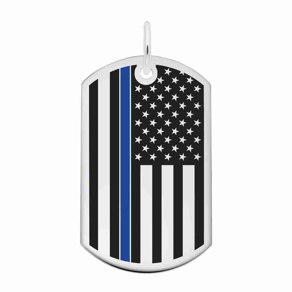 Silver Dog tag charm with American flag design featuring a thin blue line on a white background