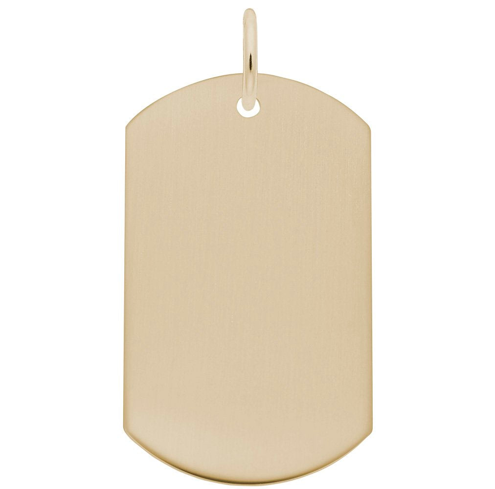 Gold dog tag charm on a white background