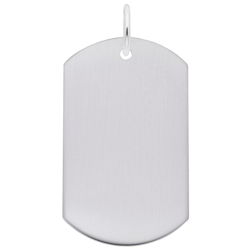 Silver dog tag charm on a white background