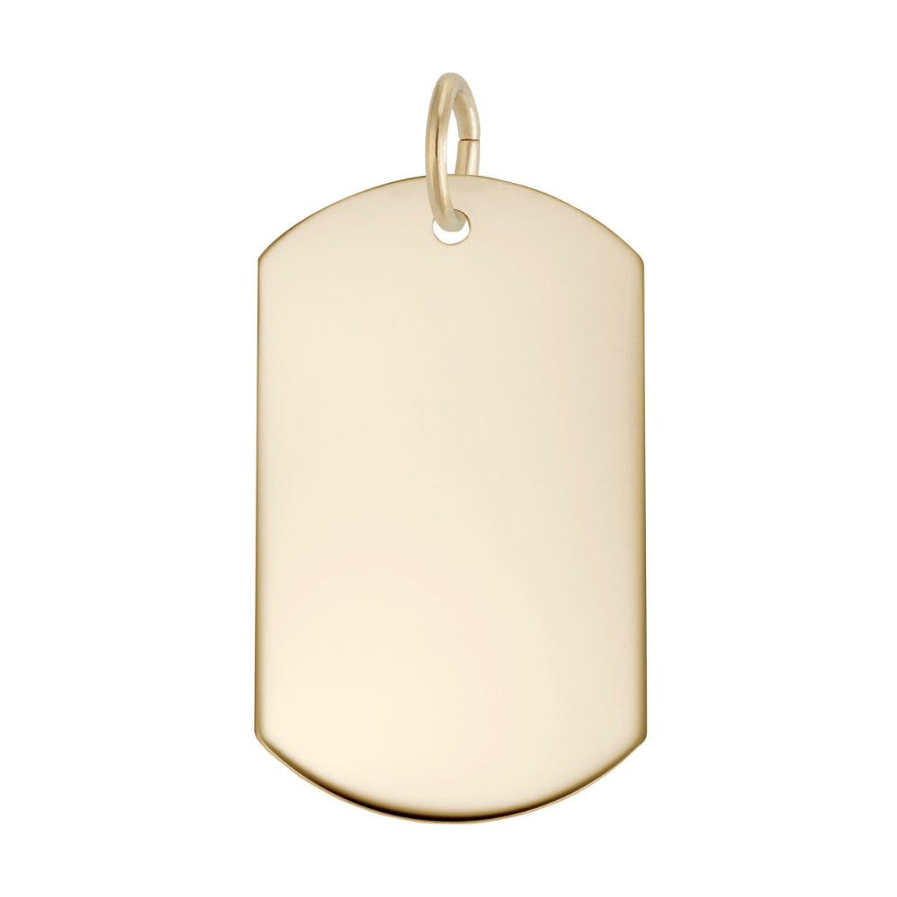 Gold Dog Tag Charm with a polished finish on a white background