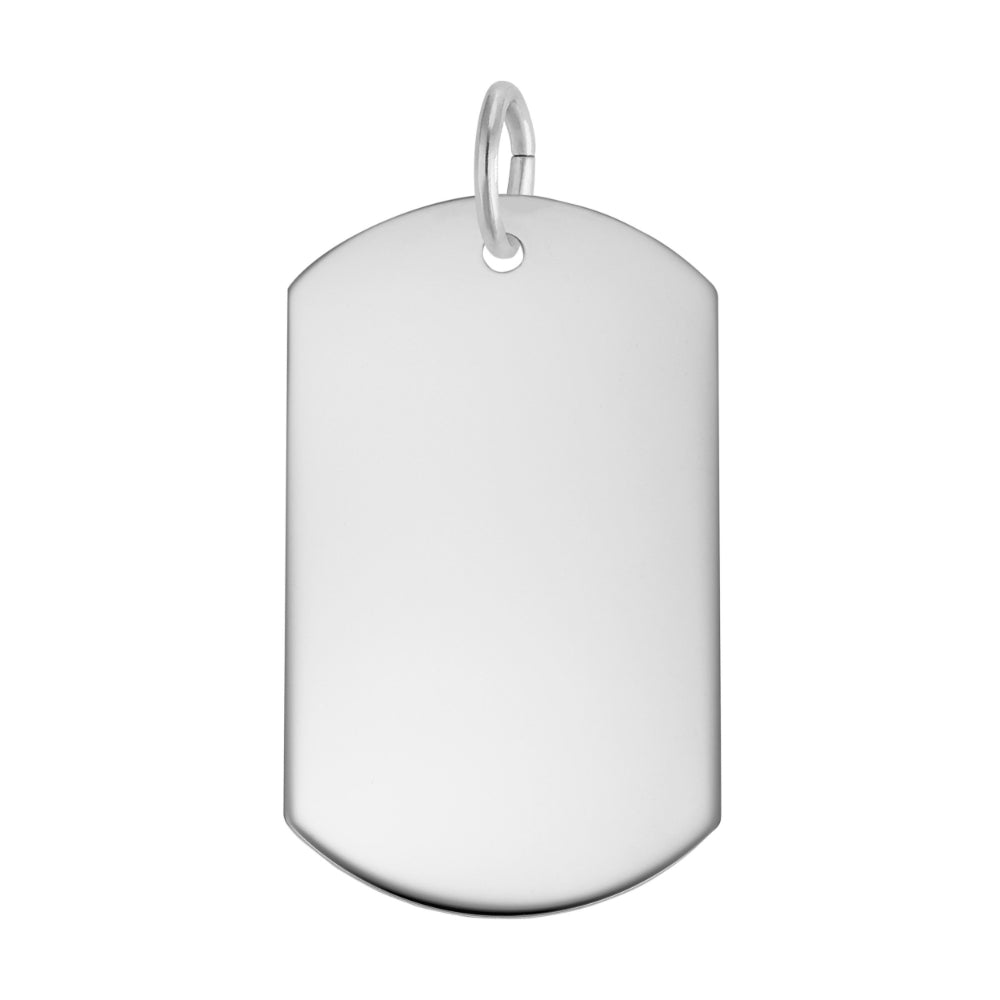 Silver Dog Tag Charm with a polished finish on a white background