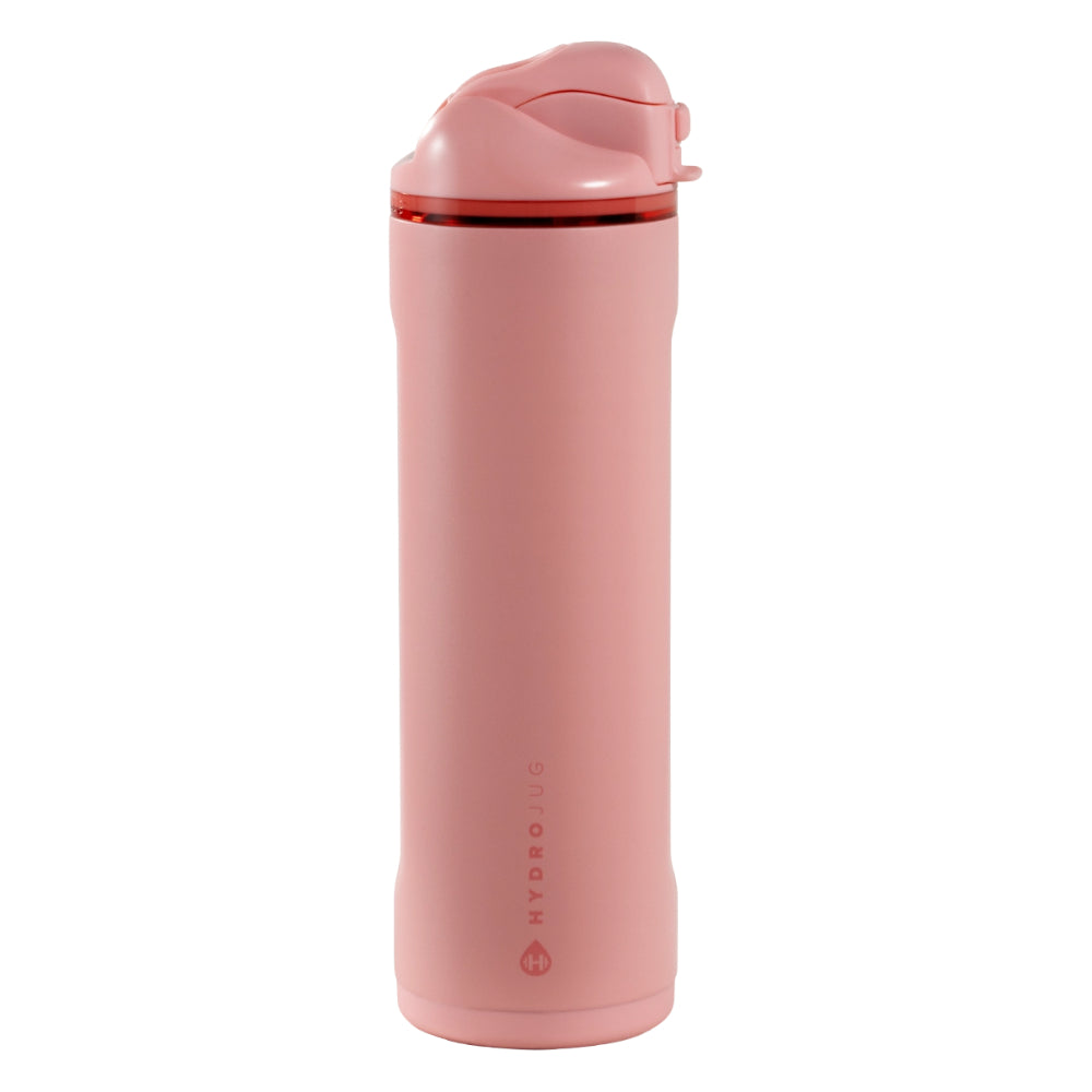 Pink thermos/water bottle with a white background.