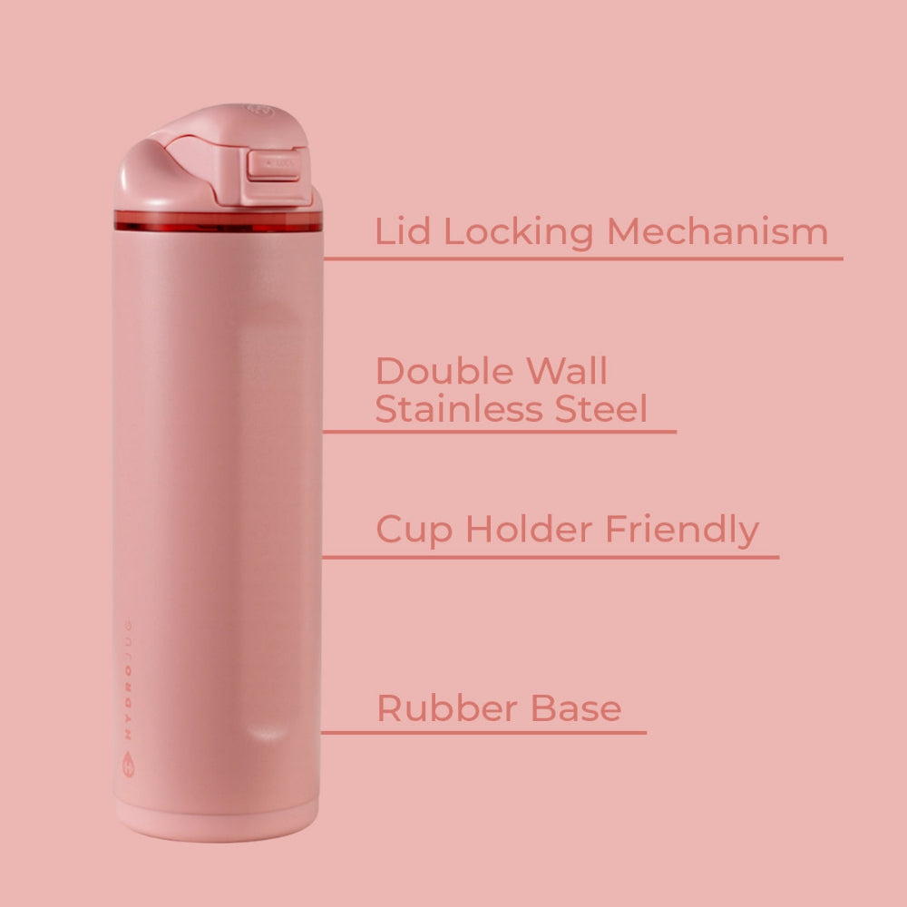 Pink insulated tumbler with features listed on a pink background.