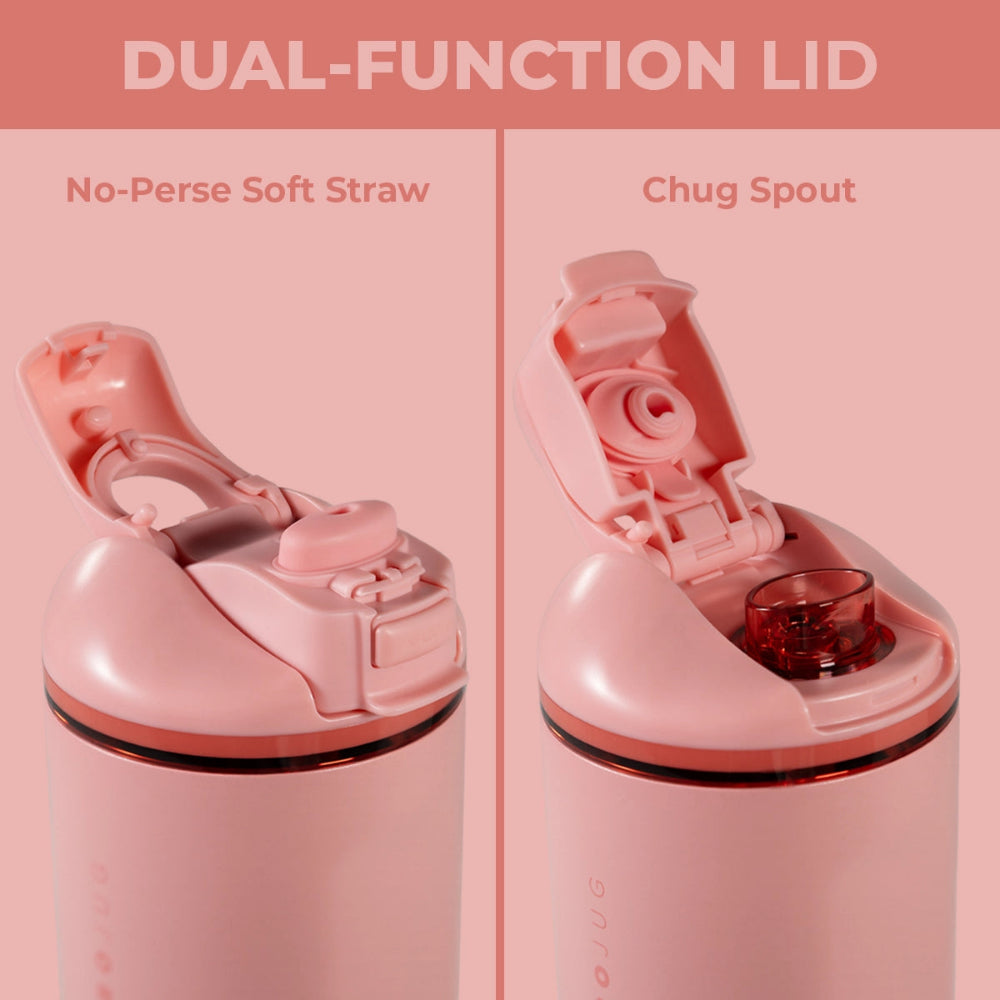 Pink water bottle with dual-function lid showing no-perse soft straw and chug spout on a pink background.