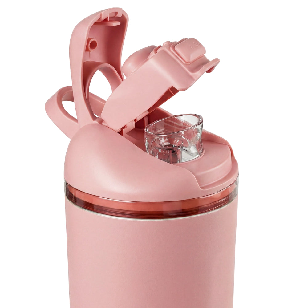 Pink water bottle with a clear lid on a white background.