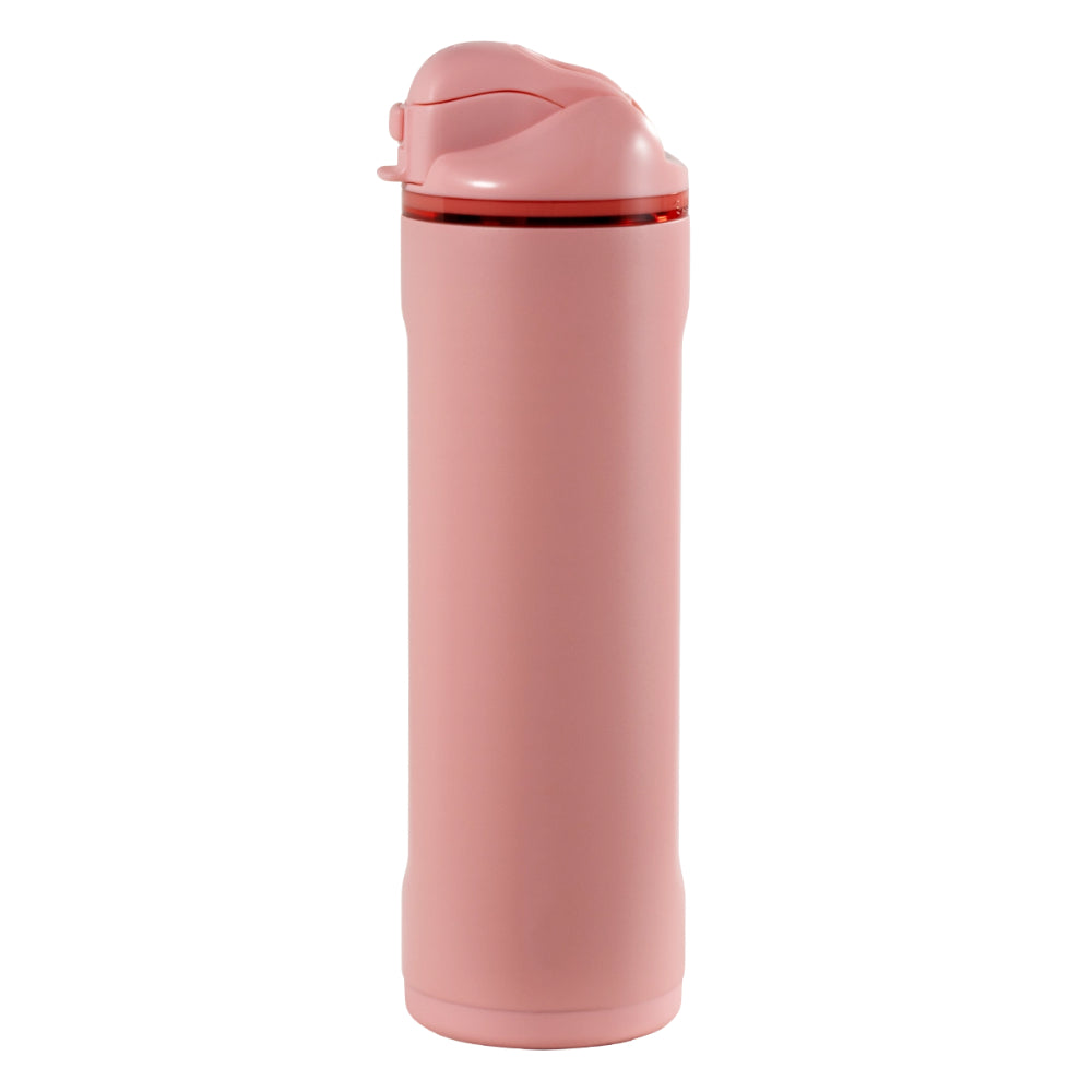 A tall, cylindrical pink water bottle with a matching pink flip-top lid, shown against a plain white background.