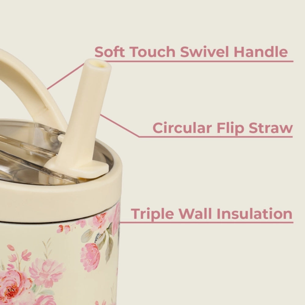 Floral-patterned tumbler with pink text describing the following features: soft touch swivel handle, circular flip straw, and triple wall insulation on a white background.
