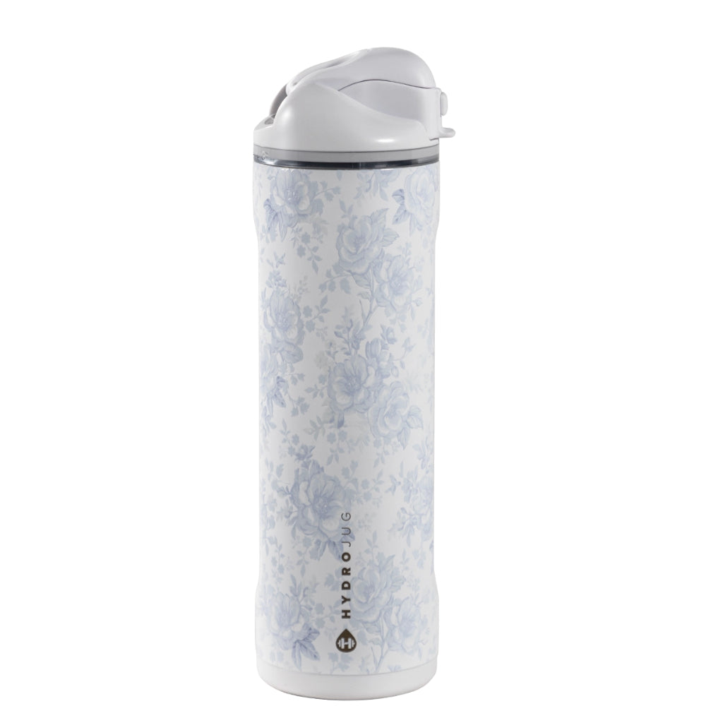 A HydroJug insulated water bottle with a light blue floral pattern on a white background, featuring a white flip-top lid.
