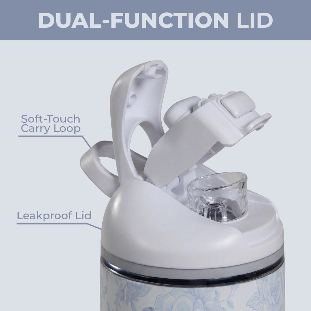 White dual-function lid on a clear container with text labels on a light blue background.