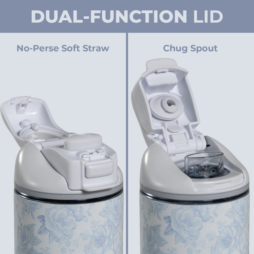 Dual-function lid with no-perse soft straw and chug spout on a floral-patterned cup.