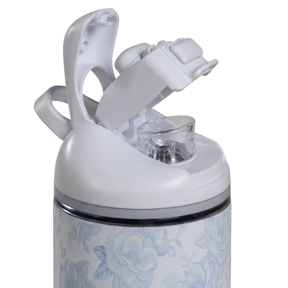 White water bottle with floral design on a white background.