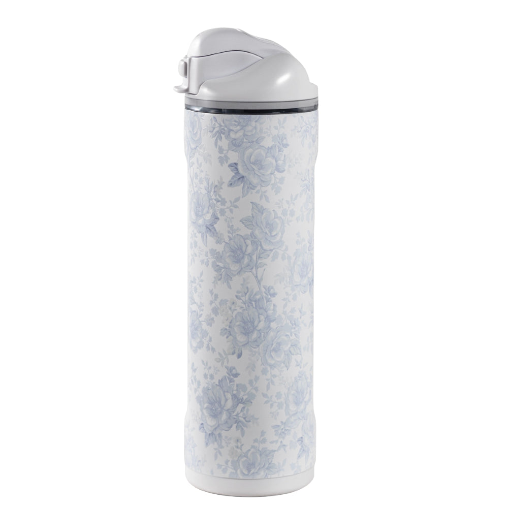 A tall insulated water bottle with a white body featuring a light blue floral pattern and a white flip-top lid, shown on a plain white background.