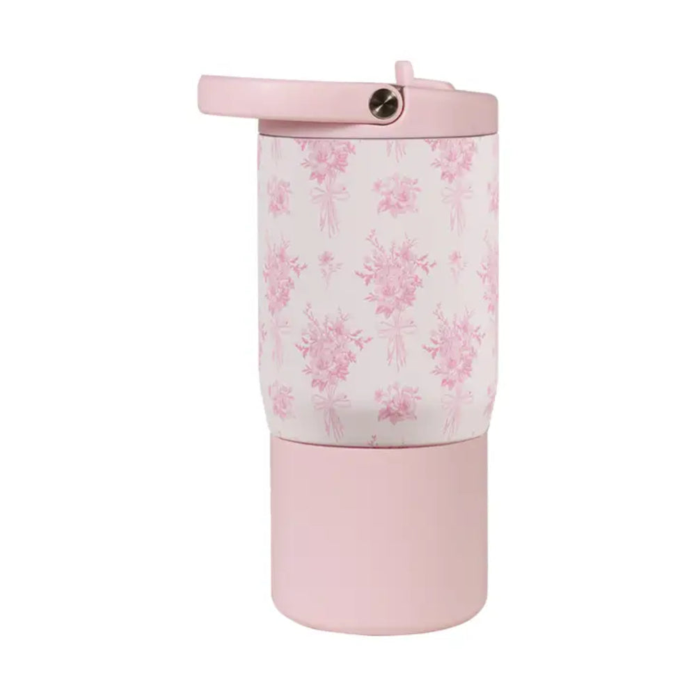 Pink floral-patterned tumbler with a matching lid on a white background.