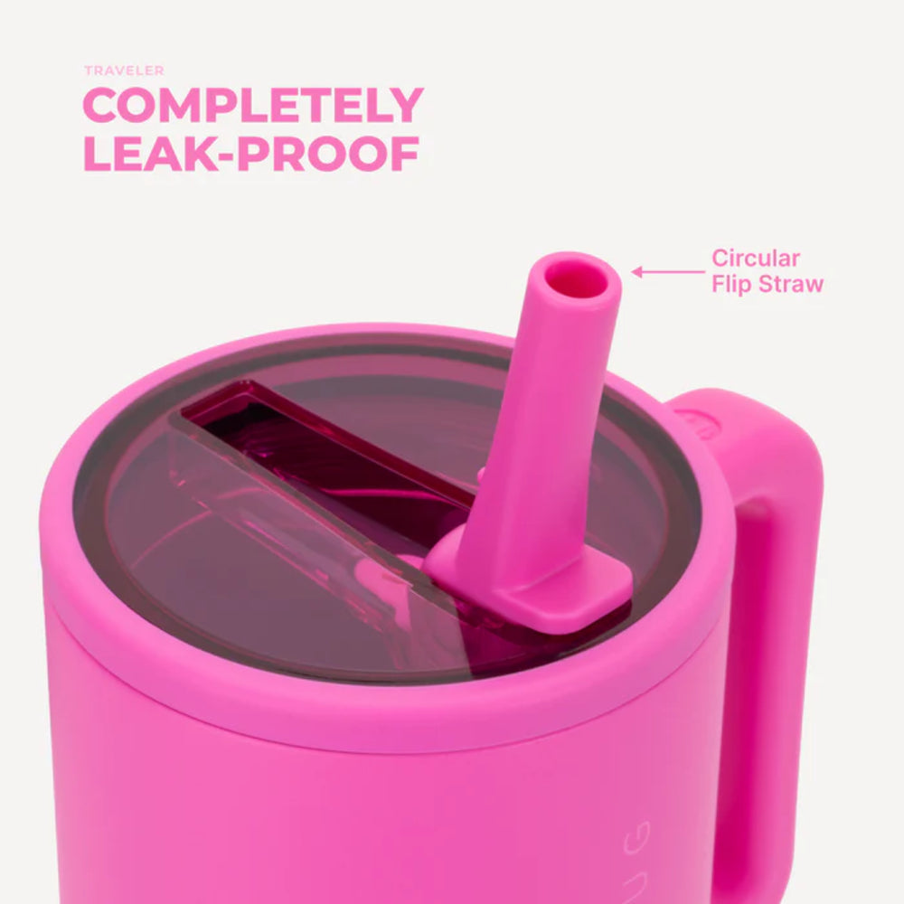 Pink tumbler with circular flip straw and pink text on the product  on a white background.