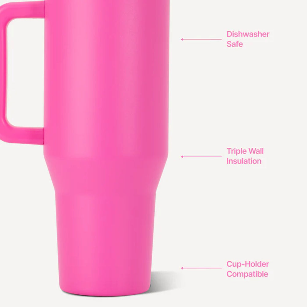 Pink insulated mug with pink text labels on a white background.
