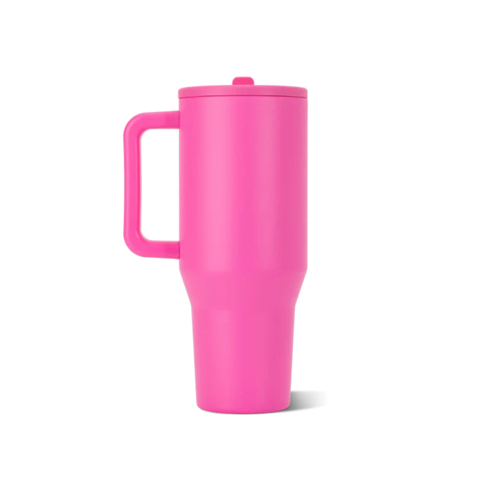A photo of the back of a pink tumbler with a handle on a white background.