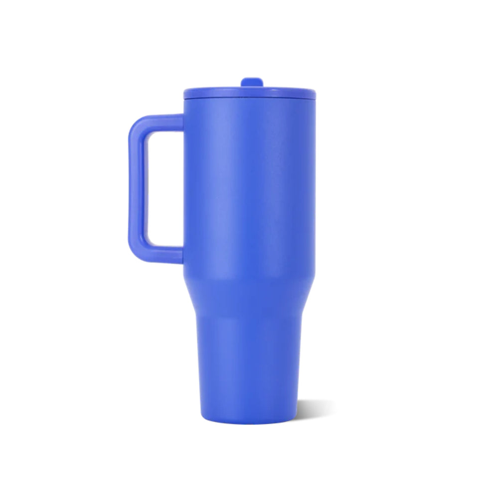A photo of the back of a blue tumbler with handle on a white background.
