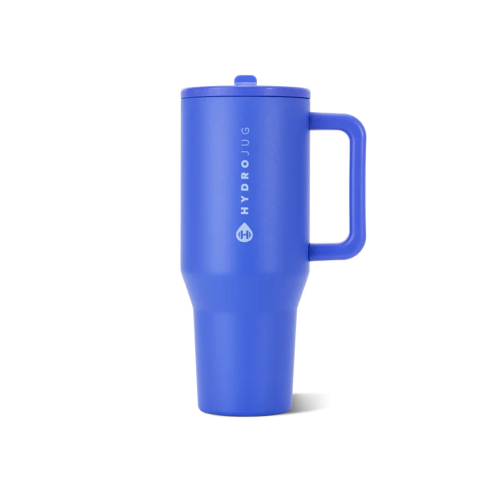 Blue tumbler with handle on a white background.