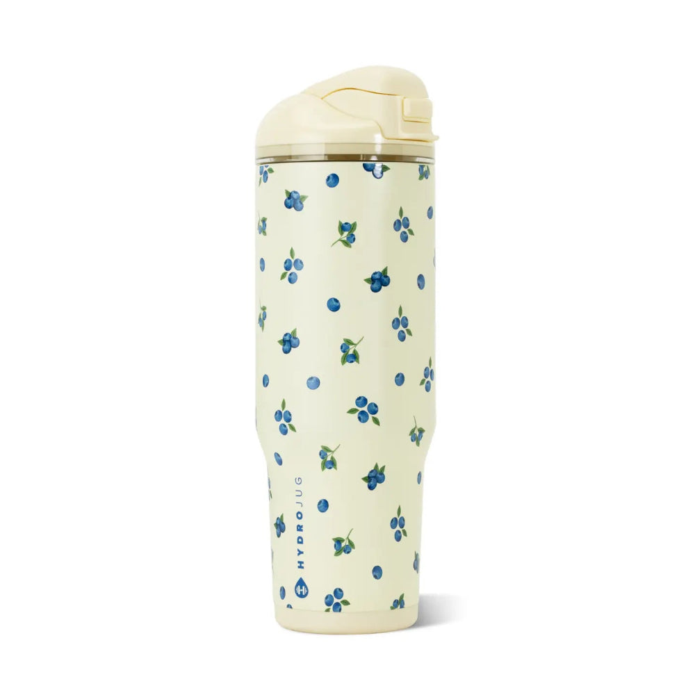 A HydroCloud travel tumbler with a cream-colored body decorated with a blue berry and leaf pattern, featuring a matching cream lid, set against a plain white background.