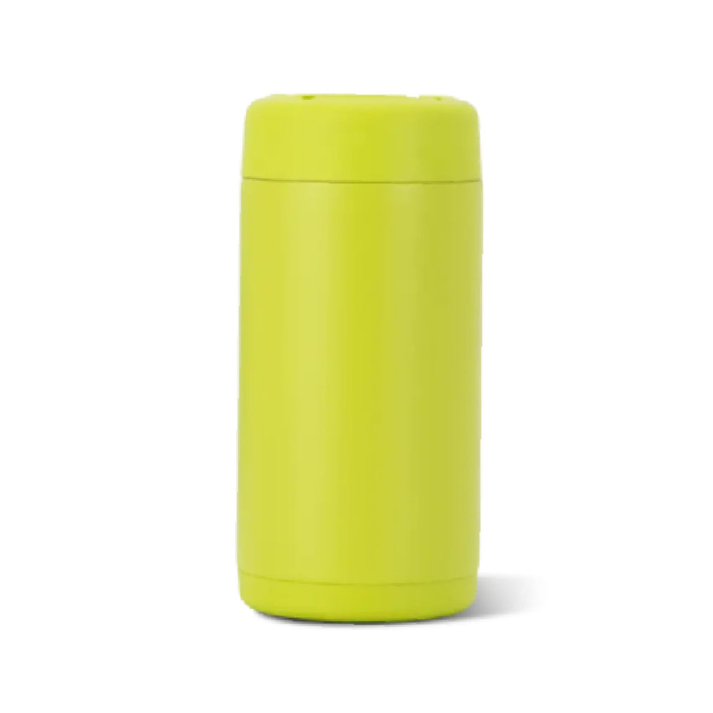 A bright lime green cylindrical can cooler with a matching lid, shown from the front on a clean white background.