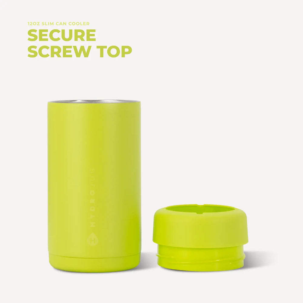 Bright lime green can cooler with screw-on lid on a white background.