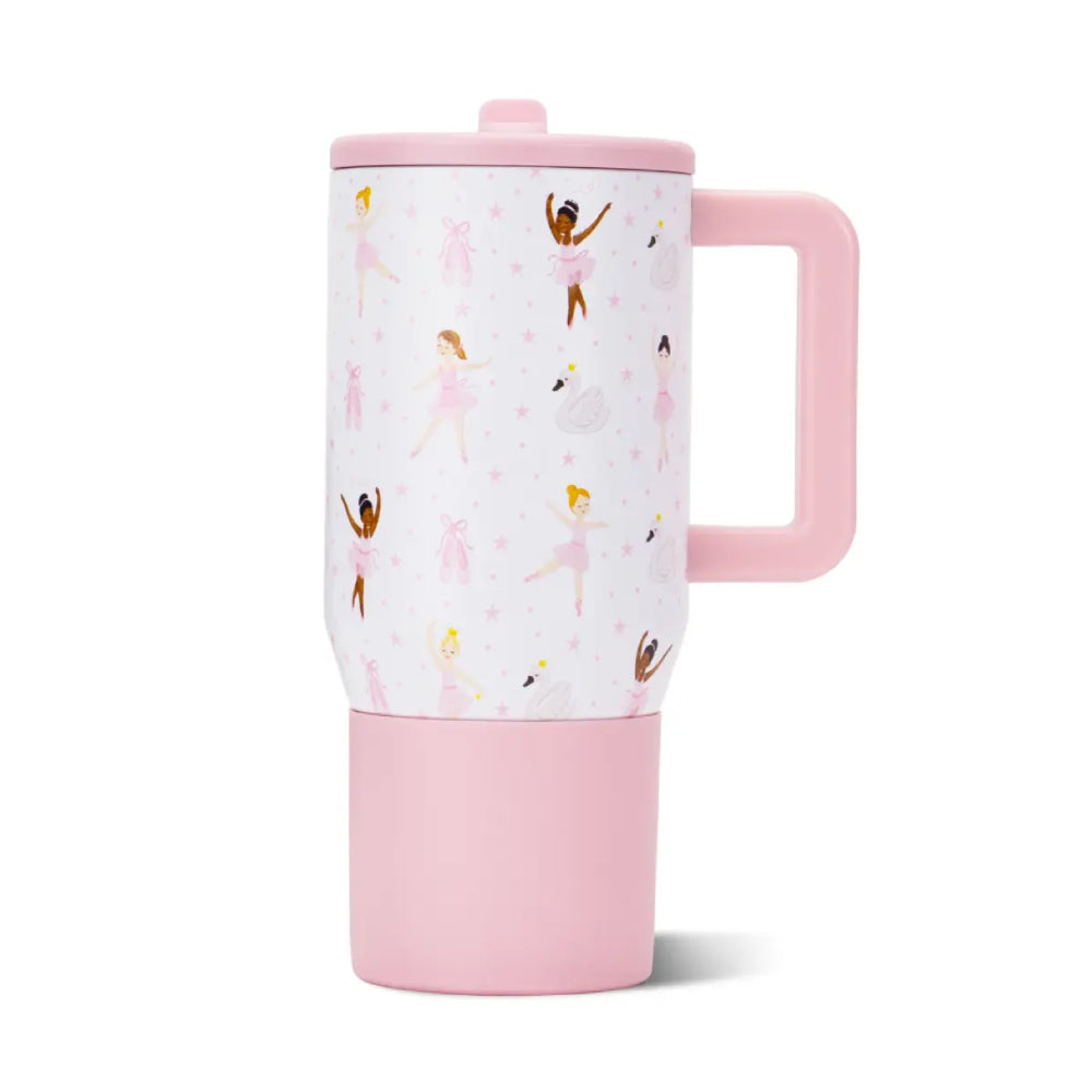 A pink travel tumbler with a lid and handle, featuring a white printed body decorated with illustrations of ballet dancers and small stars.