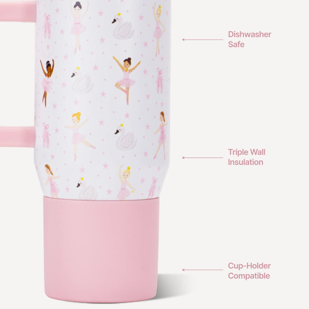 Pink tumbler with ballerina design and text indicating features like dishwasher safety, triple wall insulation, and cup-holder compatibility.