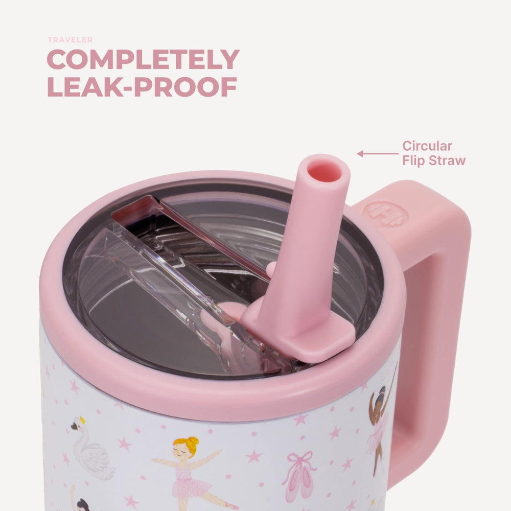 Pink and white tumbler with ballerina design and leak-proof lid on a white background.