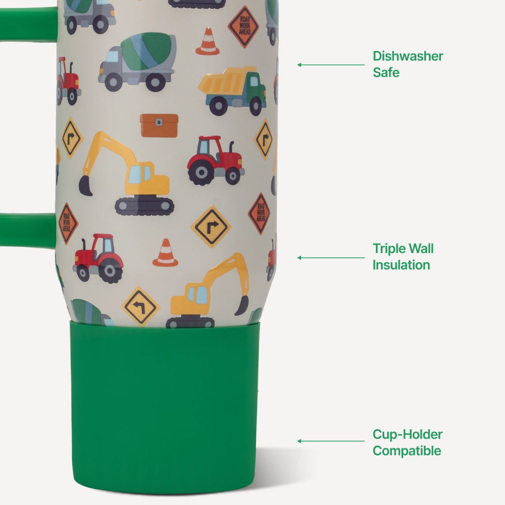 Green tumbler with construction vehicle pattern and text indicating features on a white background.
