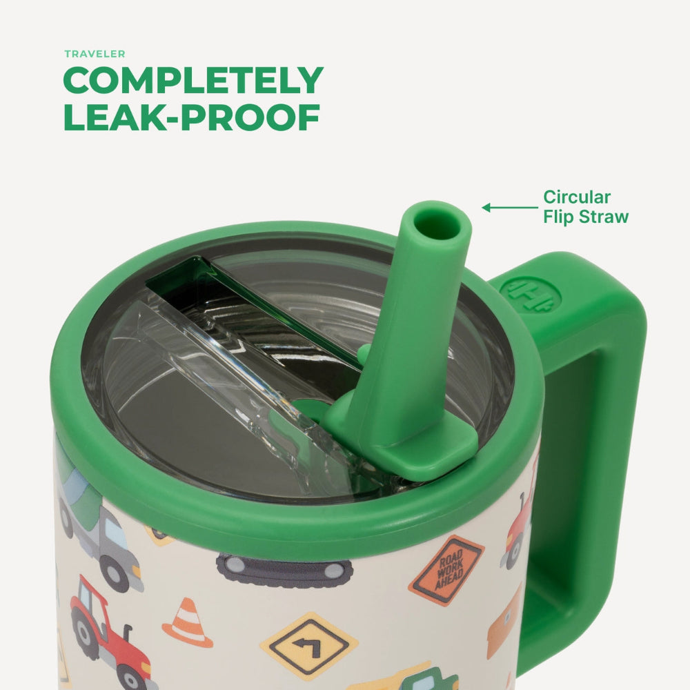Green travel mug with circular flip straw and vehicle-themed design on a white background.