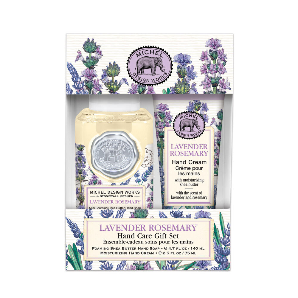 Michel Design Works Lavender Rosemary hand care gift set with soap and cream in a decorative box.