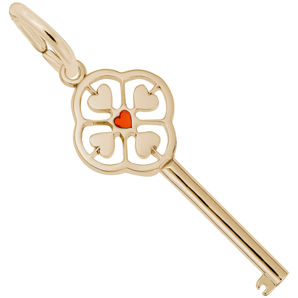 Gold key-shaped charm with a central red heart surrounded by 4 hearts in the handle on a white background