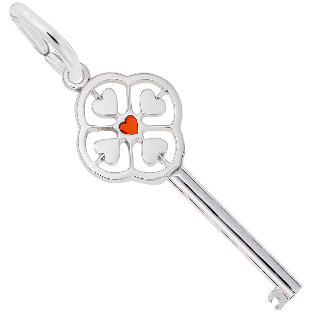 Silver key-shaped charm with a central red heart surrounded by 4 hearts in the handle on a white background