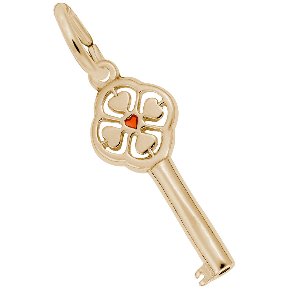 Gold key-shaped pendant with a red heart surrounded by 4 hearts in the handle on a white background