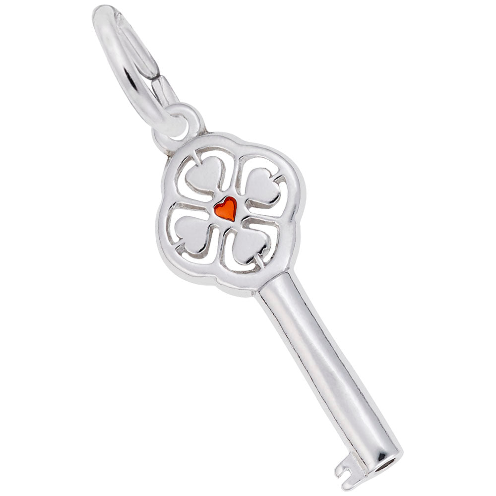 Silver key-shaped pendant with a red heart surrounded by 4 hearts in the handle on a white background