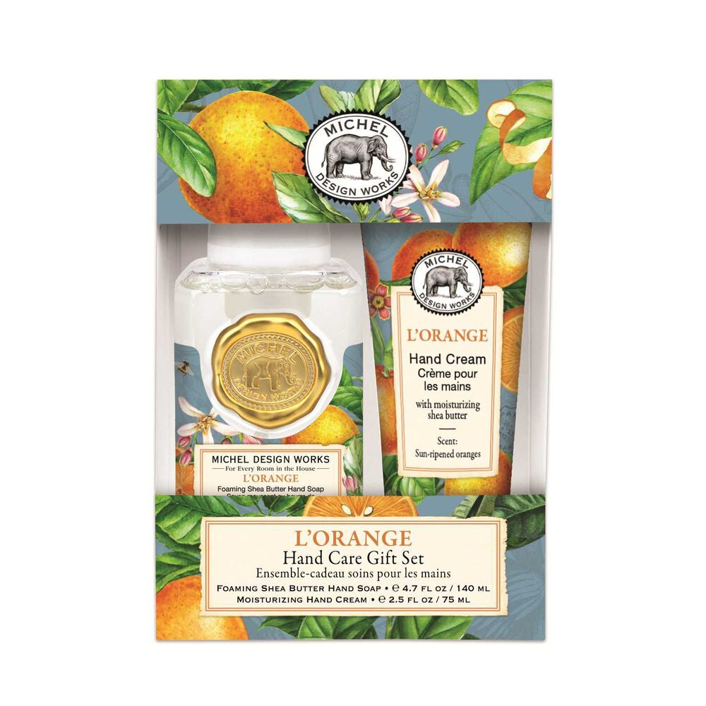 Michel Design Works L'Orange hand care gift set packaging with hand cream and soap.