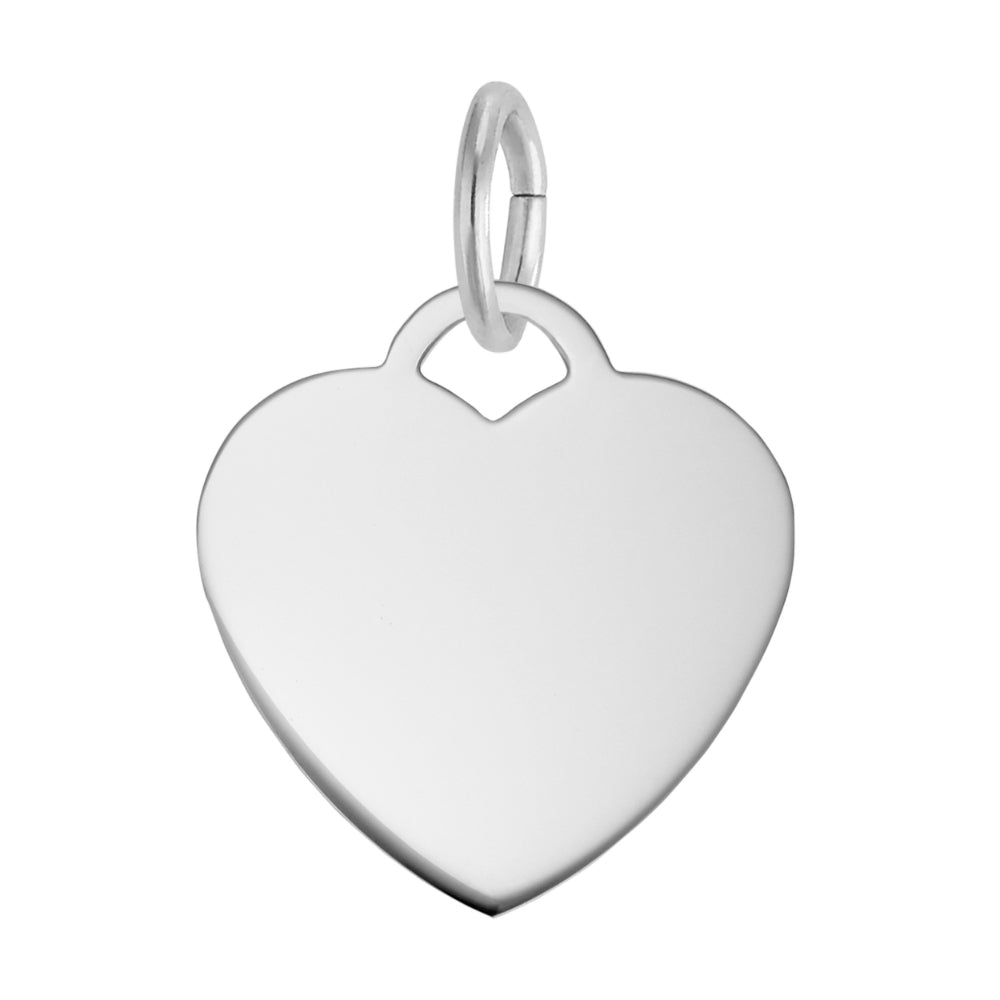A polished silver heart-shaped charm with a small top loop, shown on a plain white background.