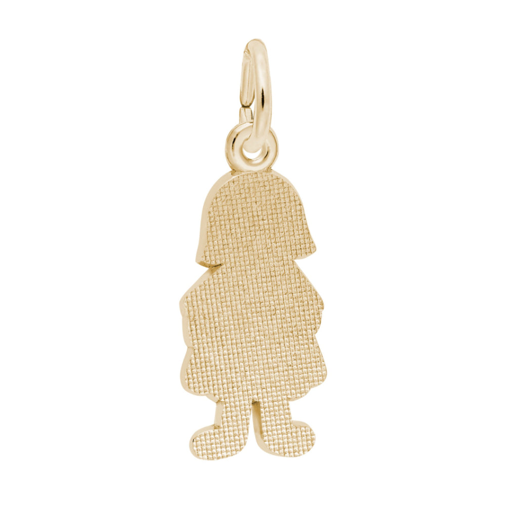 Back of Gold charm shaped like a girl with a flower dress on a white background