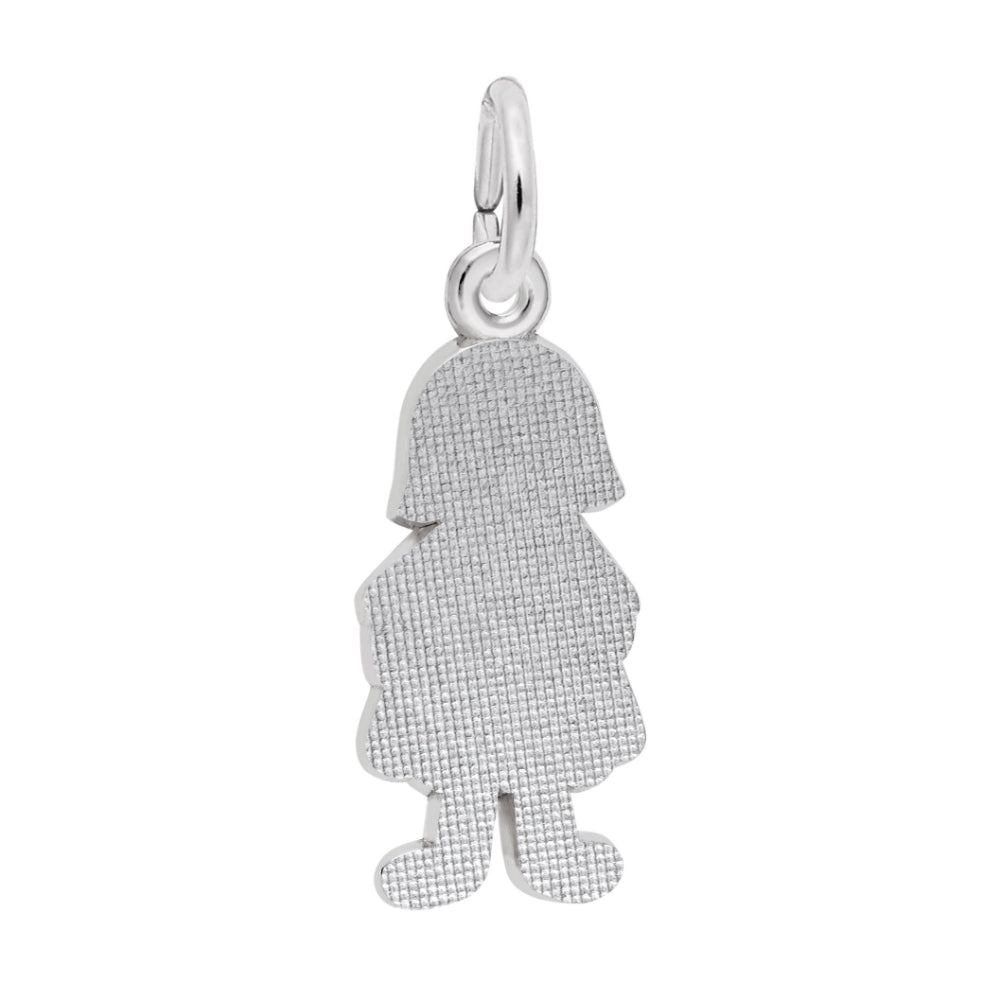 Back of Silver charm shaped like a girl with a flower dress on a white background