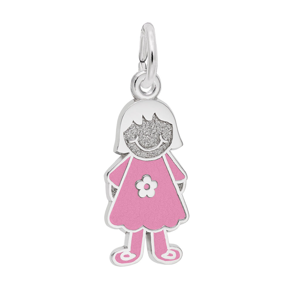 Silver charm shaped like a girl with a pink dress and white flower on a white background