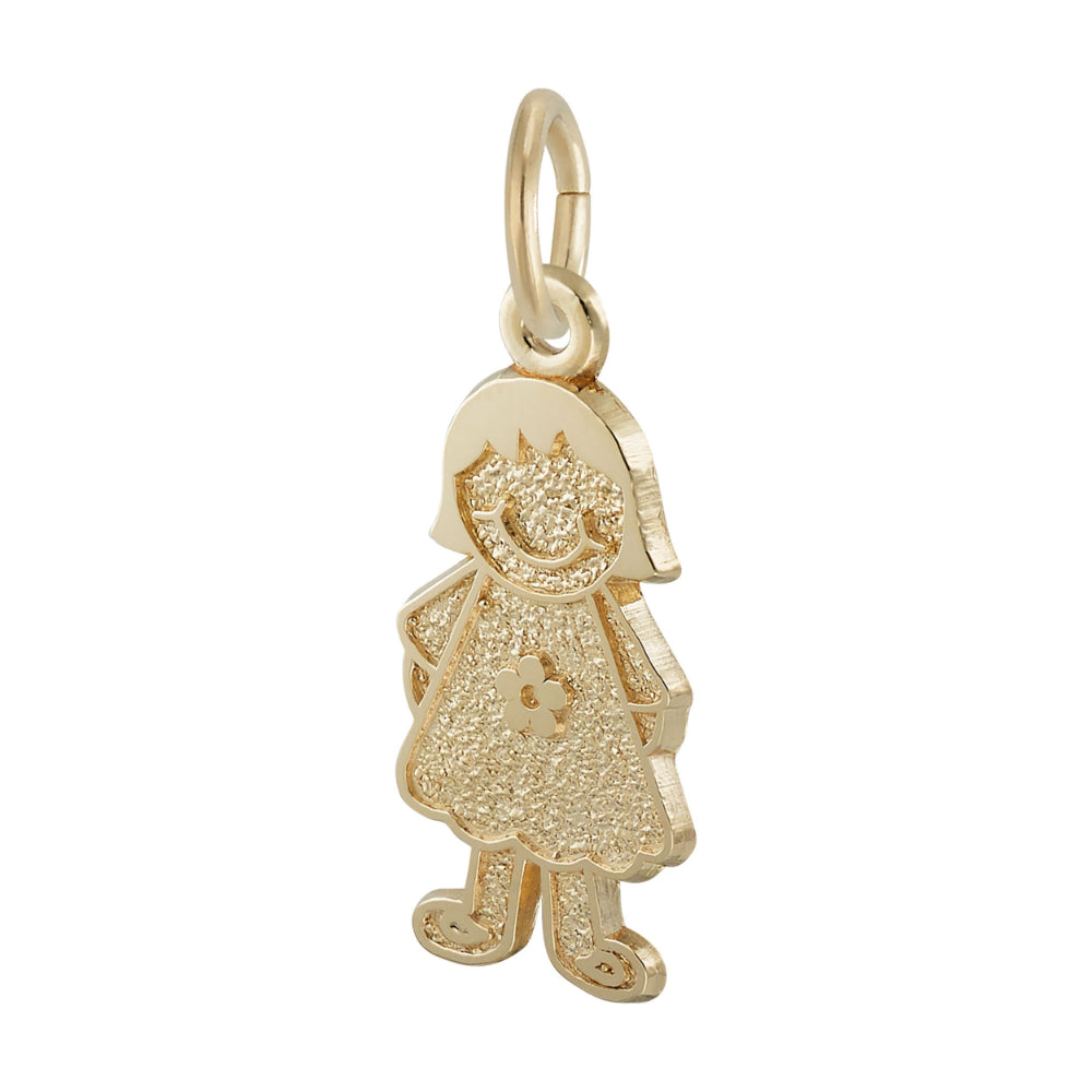 Gold charm shaped like a girl with a flower dress on a white background. Angled View