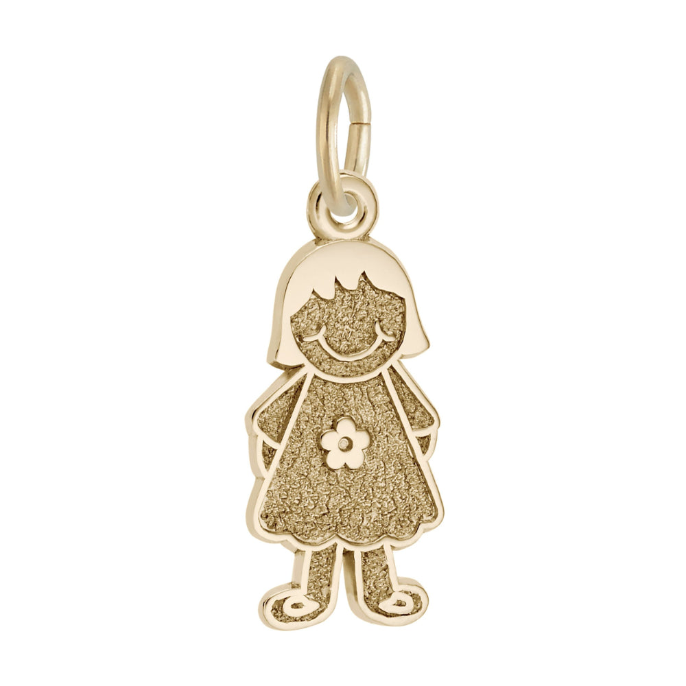 Gold charm shaped like a girl with a flower dress on a white background
