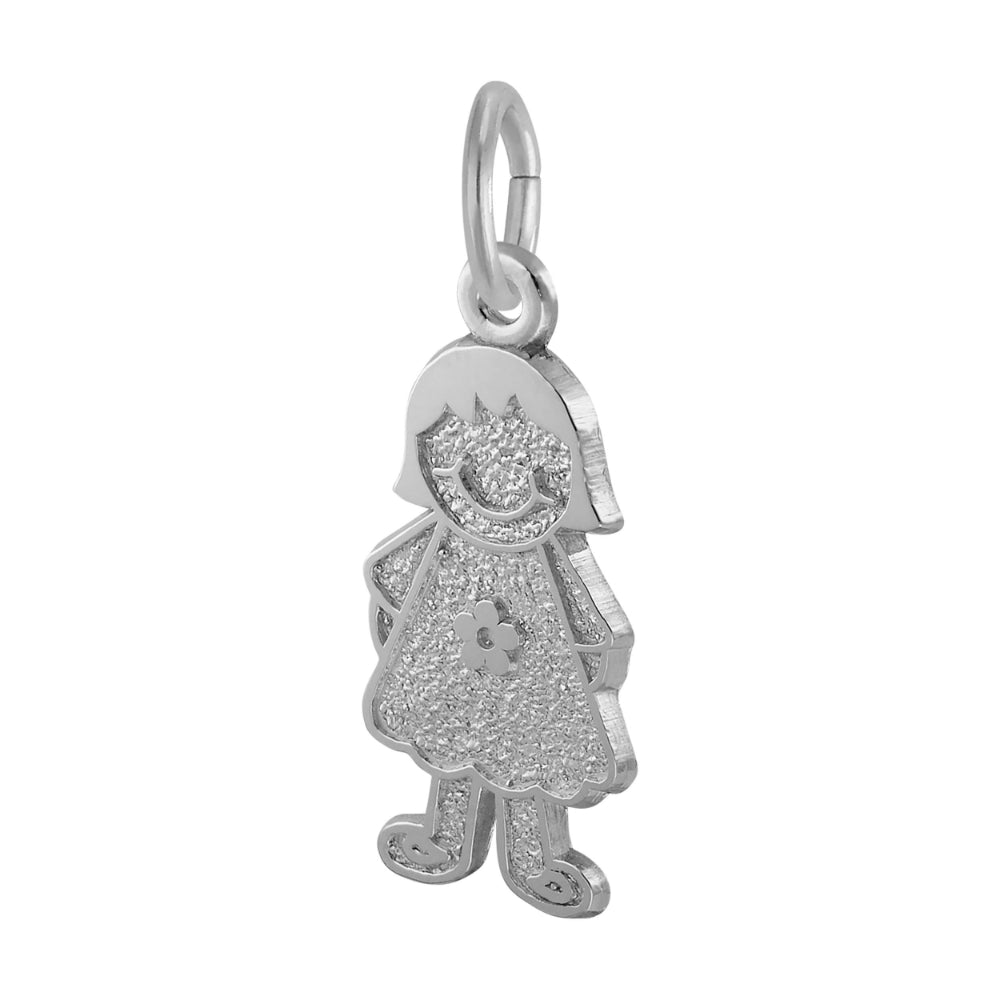 Silver charm shaped like a girl with a flower dress on a white background Angled View